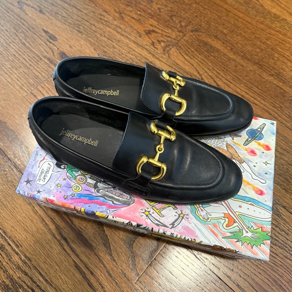 Jeffrey Campbell Black Leather Loafers with Gold Hardware in SZ 7.5